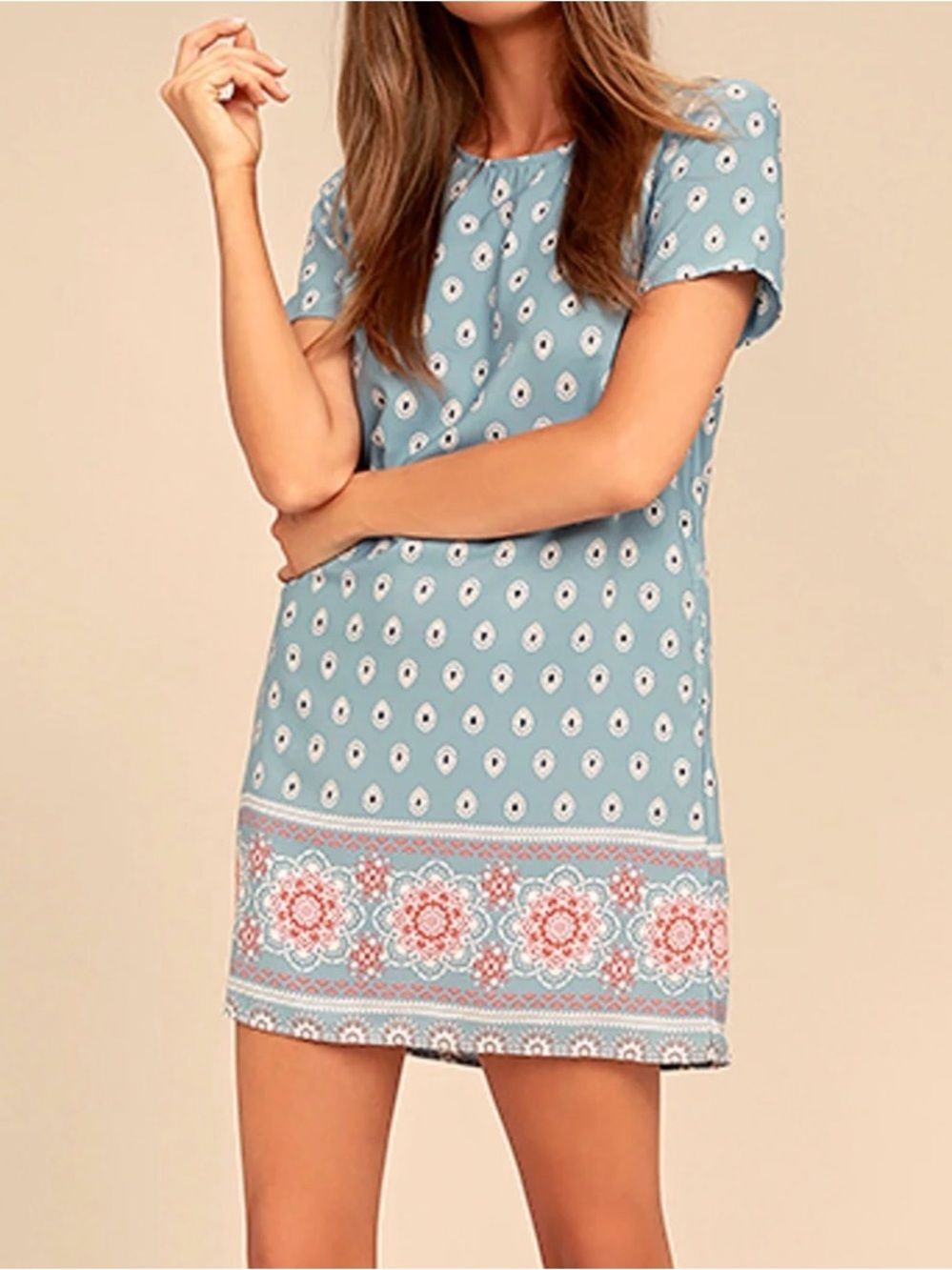 Lulus Women’s Secret Paradise Blue Print Shift Short Sleeve Mini Dress Size L